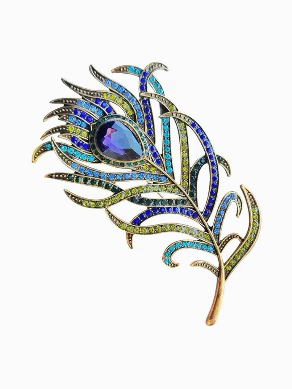 Peacock Feather Rhinestone Encrusted Brooch Modern New Gold Tone